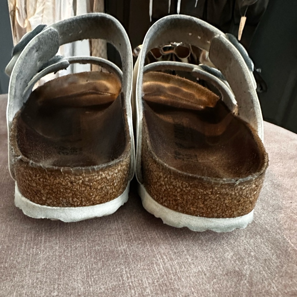 Birkenstock White Sandals with Silver Buckles. Gently used - Picture 3 of 4
